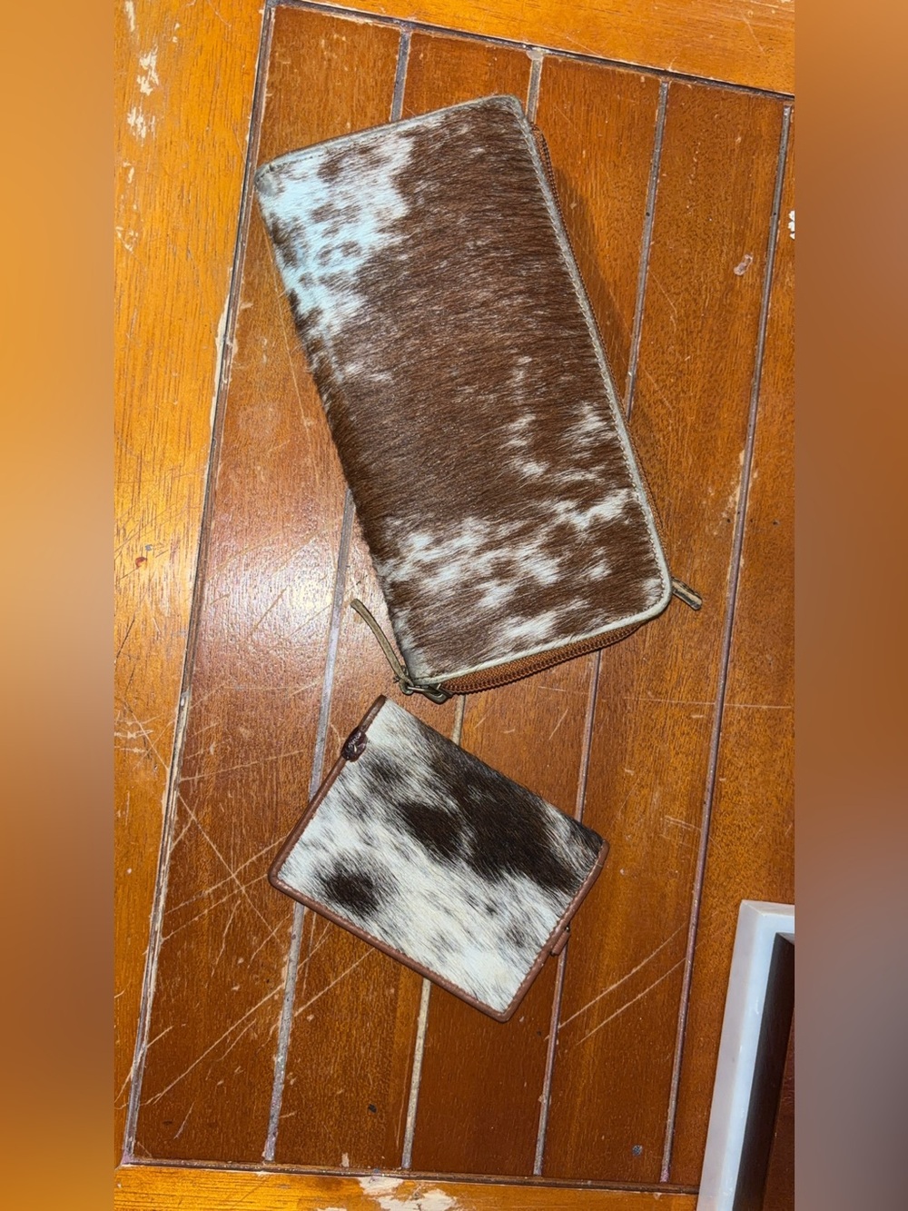 Cowhide Zip Wallet and Card Holder - Brown & White